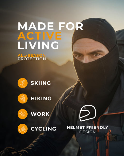 Person mit Helm, dazu Text über aktives Leben und Produkteigenschaften.