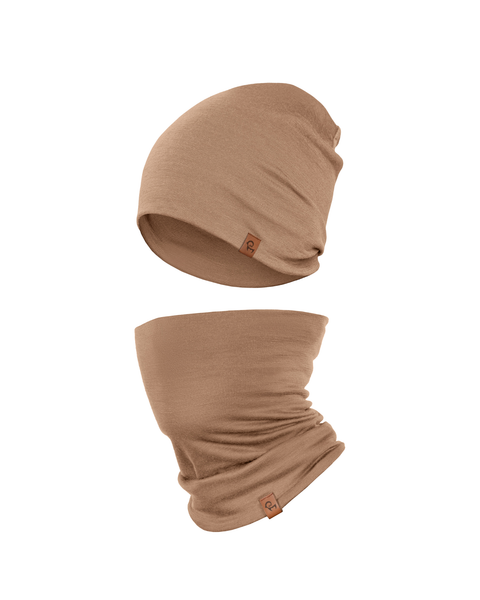 Beige merino wool beanie and neck gaiter set, soft breathable merino winter accessories for men and women.