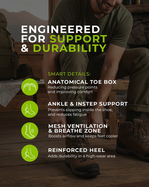 Person sitzt im Freien mit Wanderschuhen, umgeben von Text, der die Eigenschaften der Schuhe hervorhebt.