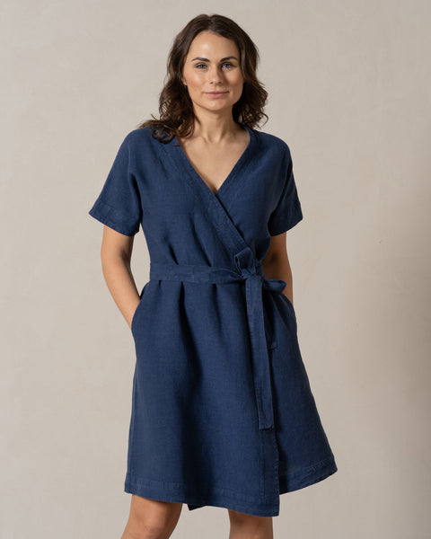 Woman wearing storm blue color linen dress