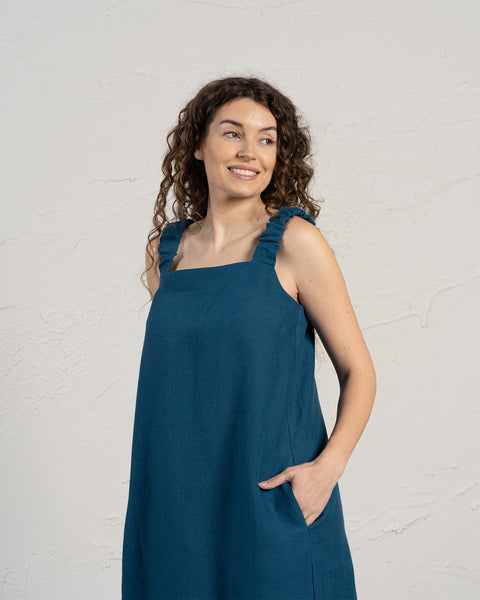Linen Maxi Pinafore Dress Fiona Cobalt Blue