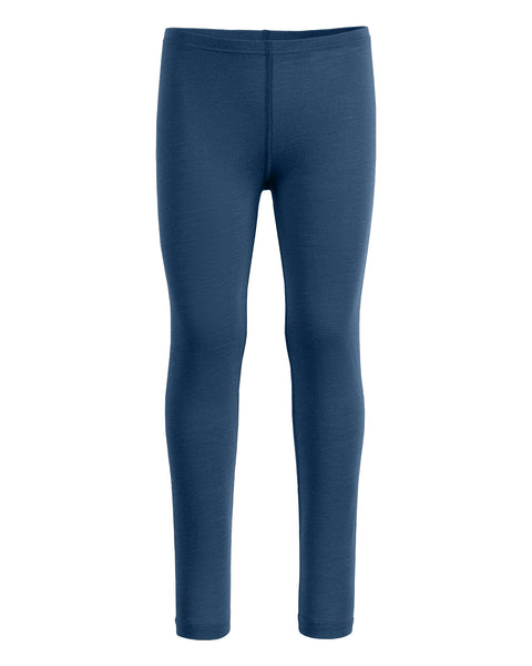 the menique 160gsm merino kids' pants in denim color, front view.