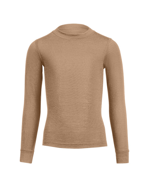 the menique kids' 160gsm merino long sleeve top in beige color, front view.
