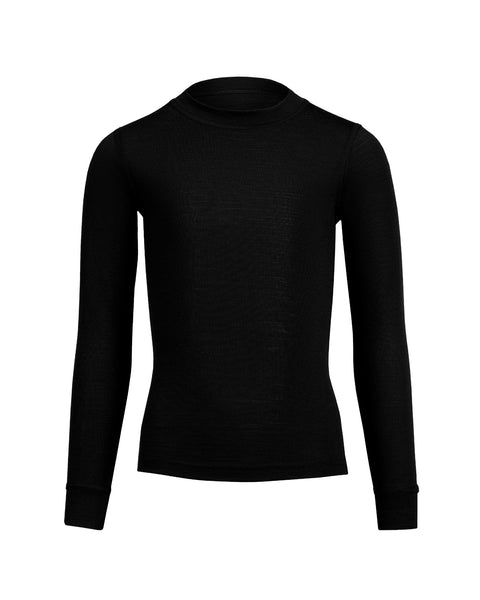 The menique kids' long sleeve top of 160gsm merino in black color, front view.