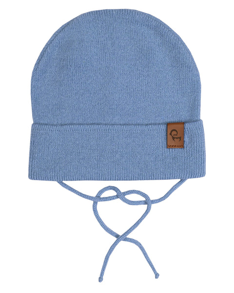 Baby Knit Beanie with Strings in soft blue cashmere blend, featuring tie strings and leather brand patch - Menique