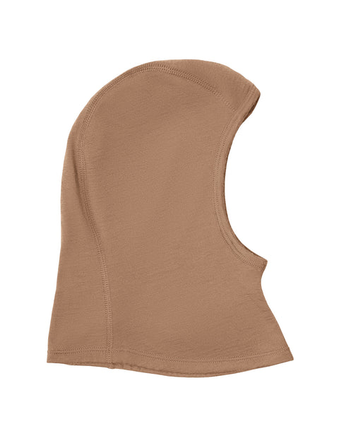 Side-profile product display of a light brown or camel-colored knit balaclava hood on a white background.