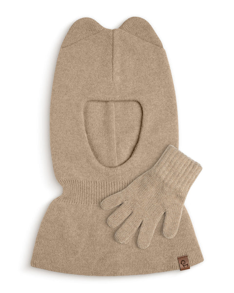 Beige knit balaclava and gloves set on a white background