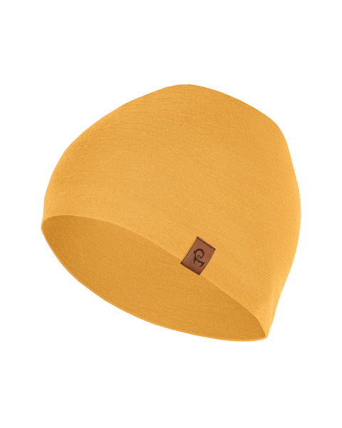 Yellow merino wool beanie hat isolated on white background, soft breathable wool headwear for men, women, and kids.