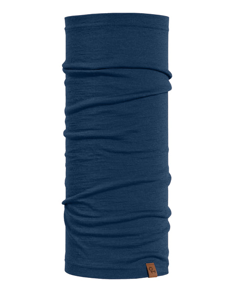 Denim blue Merino wool neck gaiter displayed on a white background.