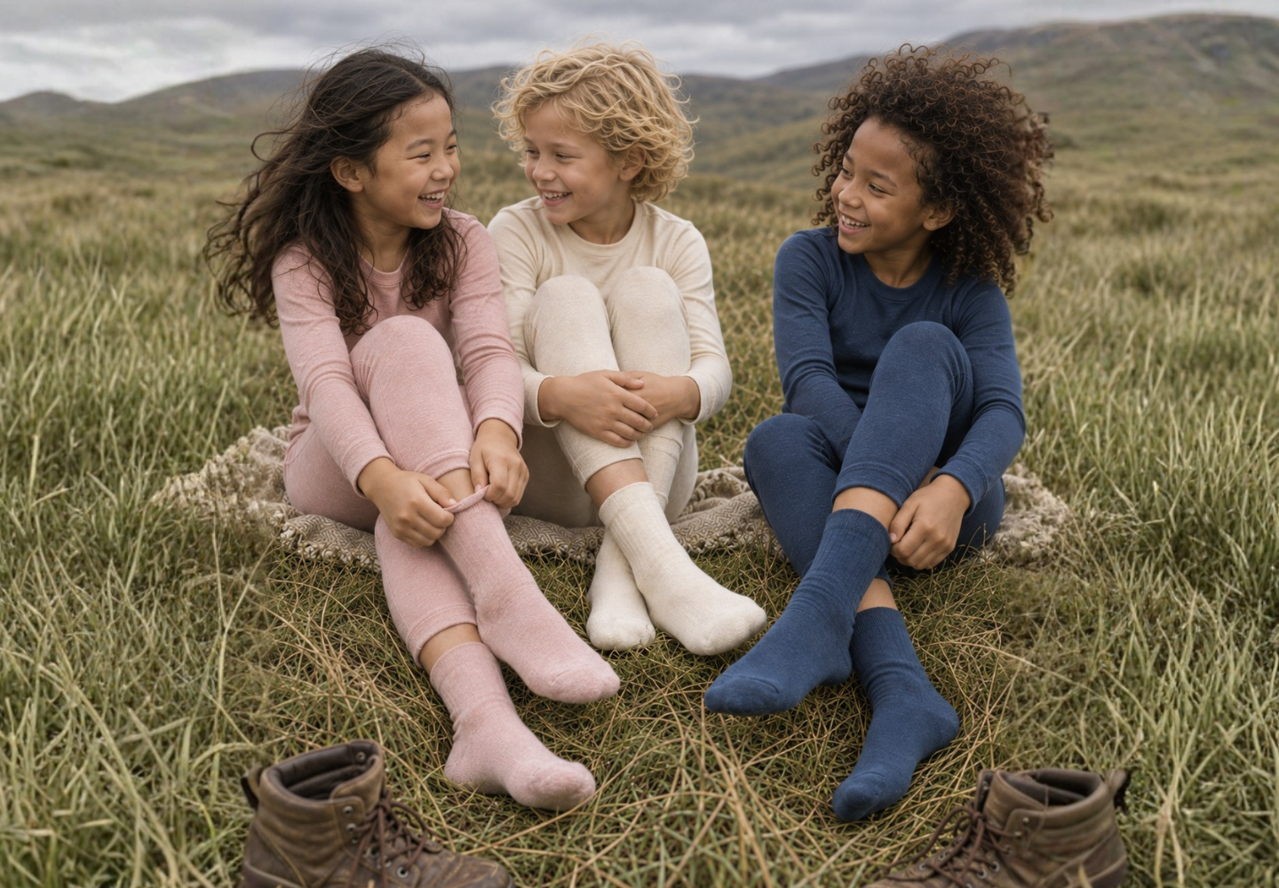 Three joyful children sit together on a textured blanket in a wild, grassy field, laughing and talking. They are wearing matching thermal sets in pink, cream, and dark blue, with the child in pink adjusting their matching ribbed sock.
