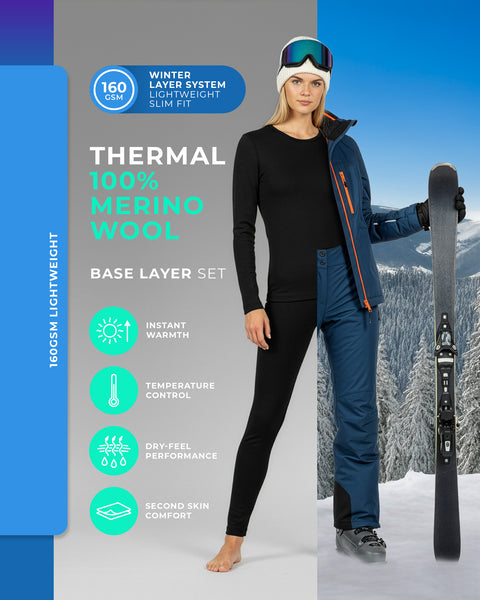Schwarzes Thermounterwäsche-Set für Damen aus 160 GSM Merinowolle, leichte Winterunterwäsche zum Skifahren und für Aktivitäten im Freien