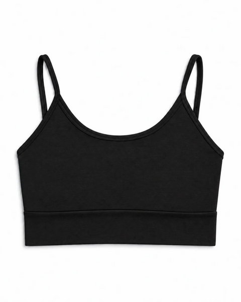 A black bralette with a scoop neckline, wide bottom band, and thin straps displayed on a white background.