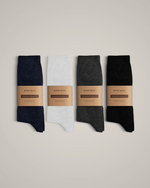 The menique men's combed cotton crew socks in all available colors, with packaging.