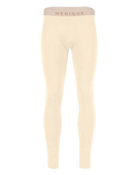 Menique men's full-length underwear or base layer leggings in a light cream color, featuring a beige waistband with the brand name 'MENIQUE' printed in rose gold.