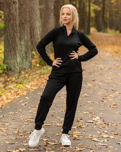 Women's Merino Wool Sports Jogging Zip neck top 250gsm Black