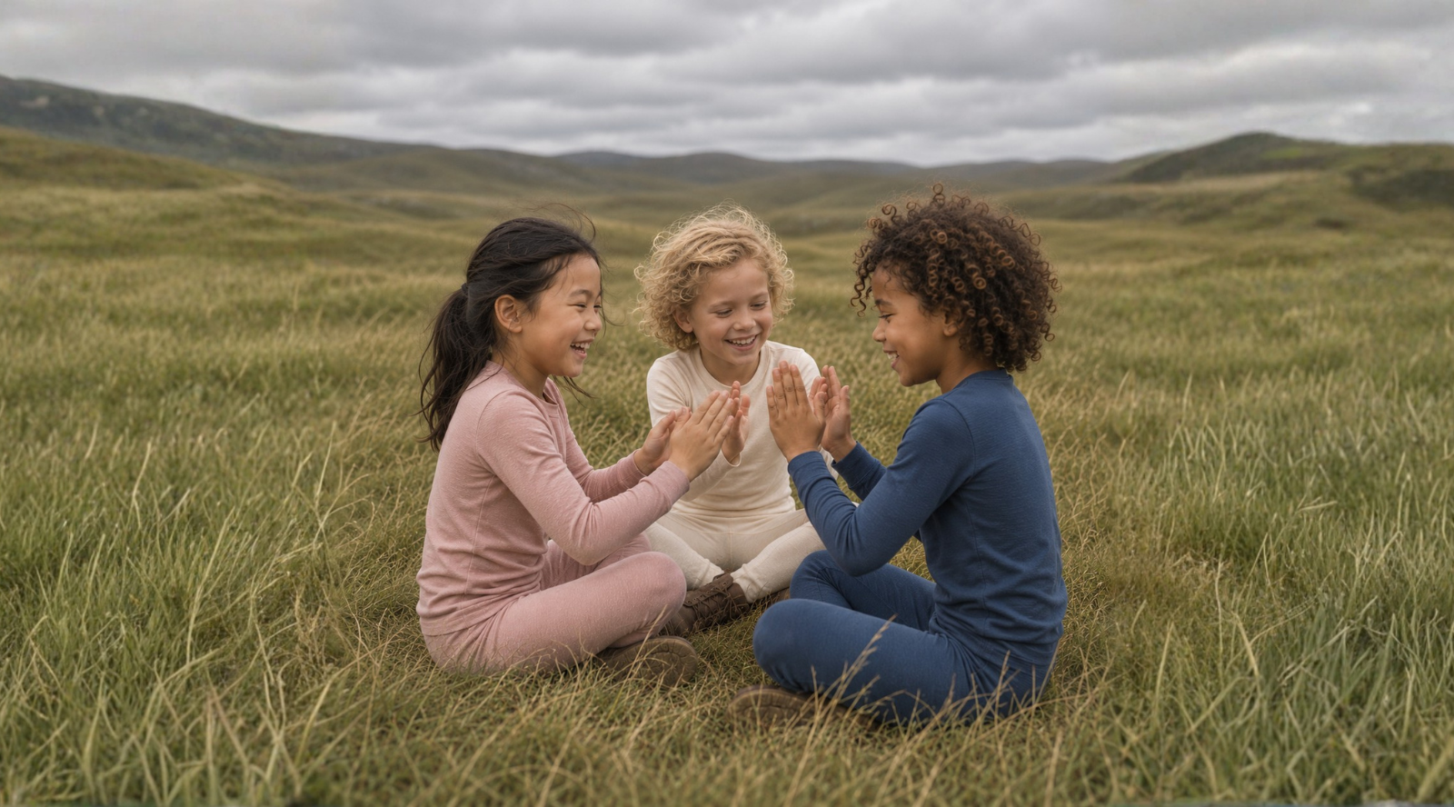 Three young children sit in a circle in a vast, grassy field joyfully playing a hand-clapping game together. They are wearing matching long-sleeved thermal sets in pastel pink, cream, and dark blue under an overcast sky.
