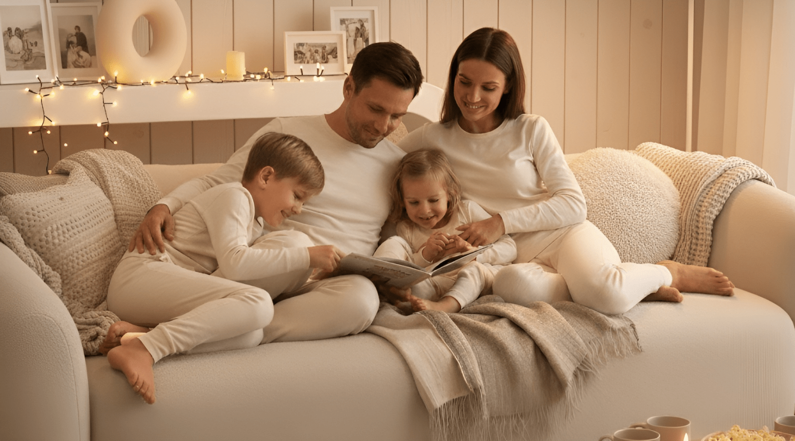 In the photo you can see the whole family – mom, dad, and a toddler – sitting on a bed, reading a book. They are all wearing natural color matching two-piece pajamas made from organic 100% Merino wool.