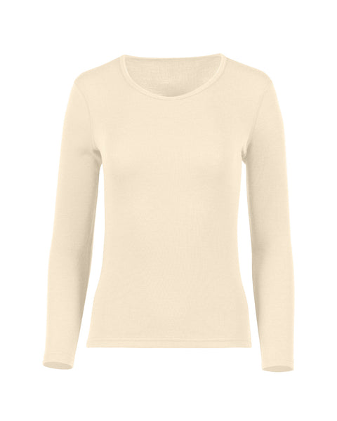 The menique women's long sleeve 250gsm merino top in natural color, front view.