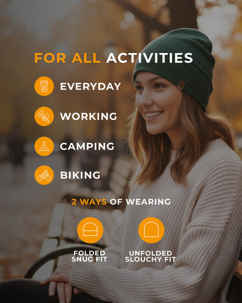 Frau sitzt auf einer Bank im Park mit Text über Kleidung für verschiedene Aktivitäten.