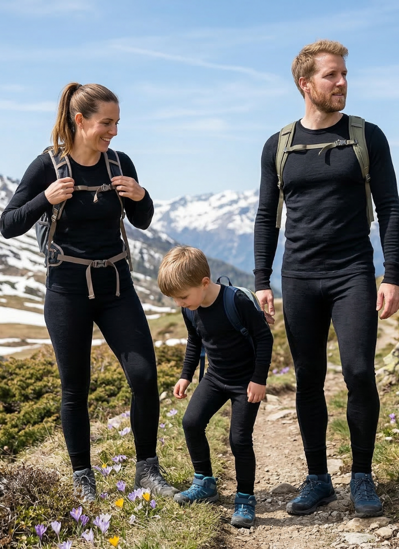 Family hiking in the mountains wearing matching merino wool base layers, breathable moisture-wicking thermal clothing for outdoor adventures and trekking.