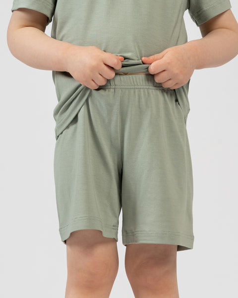 Kids green bamboo shorts, lightweight and comfortable loungewear for everyday use.