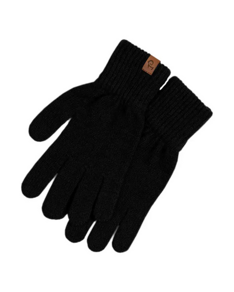 A pair of menique brand black knit gloves with ribbed cuffs. A small, rectangular tan leather tag with the "menique" logo is visible on the cuff of the left glove. The gloves are laid flat against a white background.