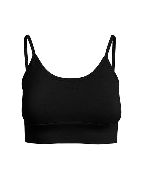 Front view of black Merino wool wireless bralette with thin adjustable straps.