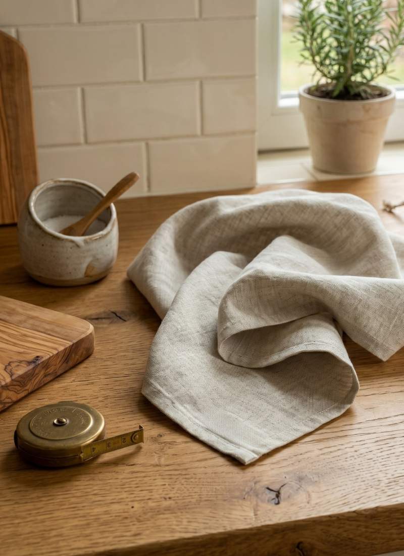 A folded natural, unbleached linen cloth resting on a wooden kitchen counter alongside a small ceramic bowl, a wooden cutting board, and a brass measuring tape.