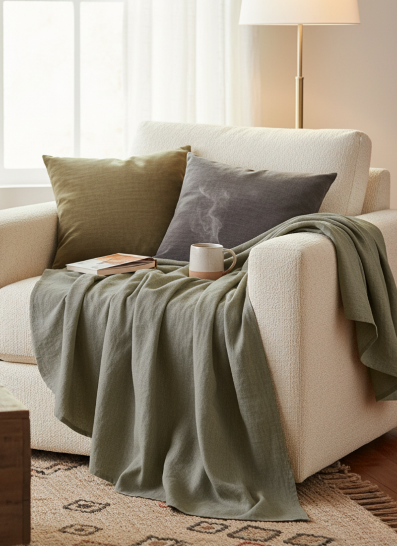 A cozy, neutral-toned armchair draped with a sage green linen throw blanket and accented with earth-toned linen pillows.
