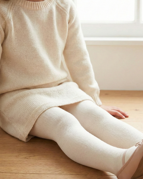Child wearing natural-colored cotton tights and knitted dress, sitting on a wooden floor in soft daylight