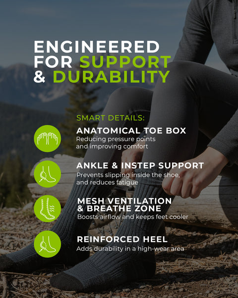 Person, die Socken trägt, vor Bergkulisse mit Text zu den Eigenschaften der Socken.