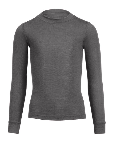 Front view of kids’ gray Merino wool long-sleeve base layer top.