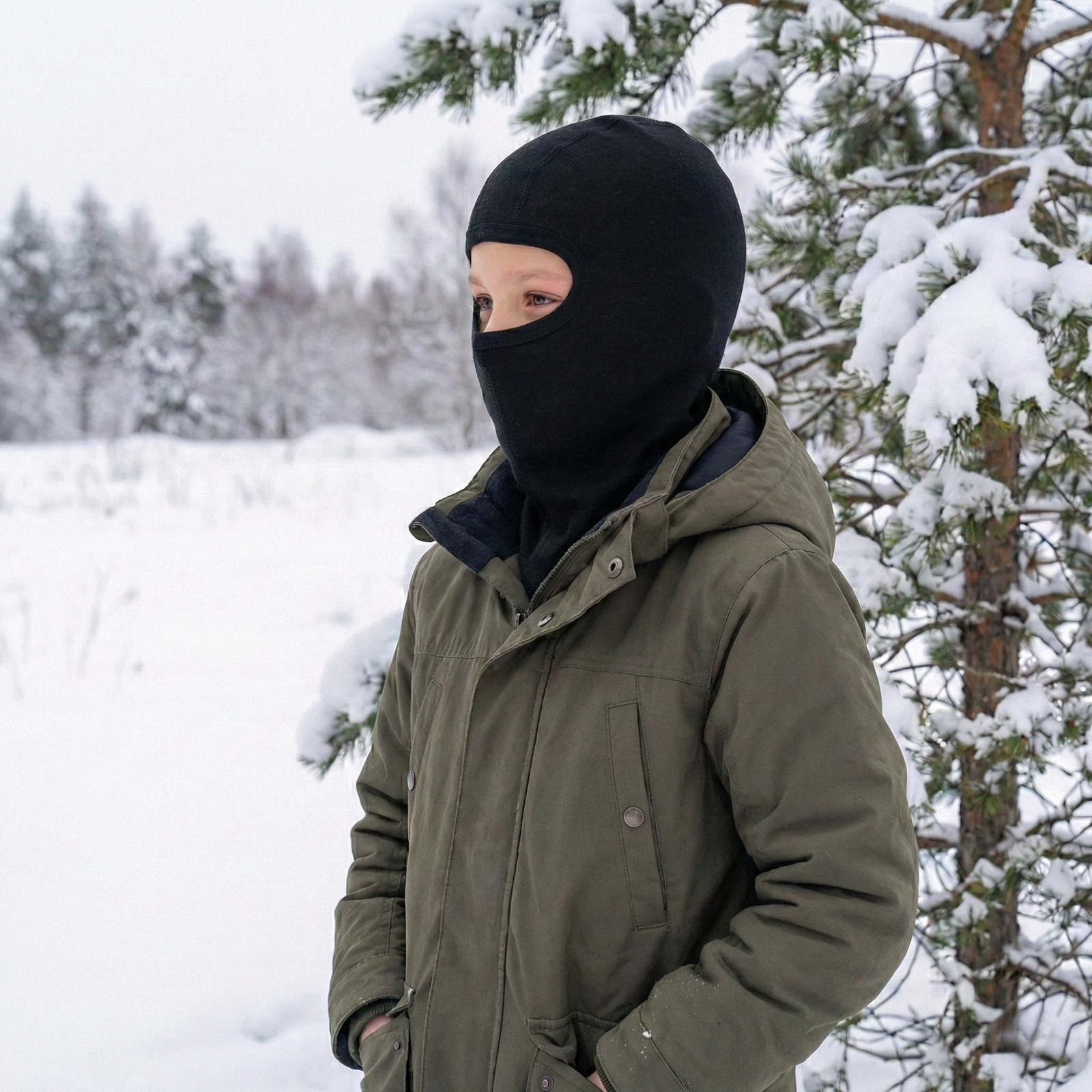 A young child wearing a royal cherry knit balaclava and a cream-colored shirt looks over their shoulder at the camera, with a background of blurred green foliage.