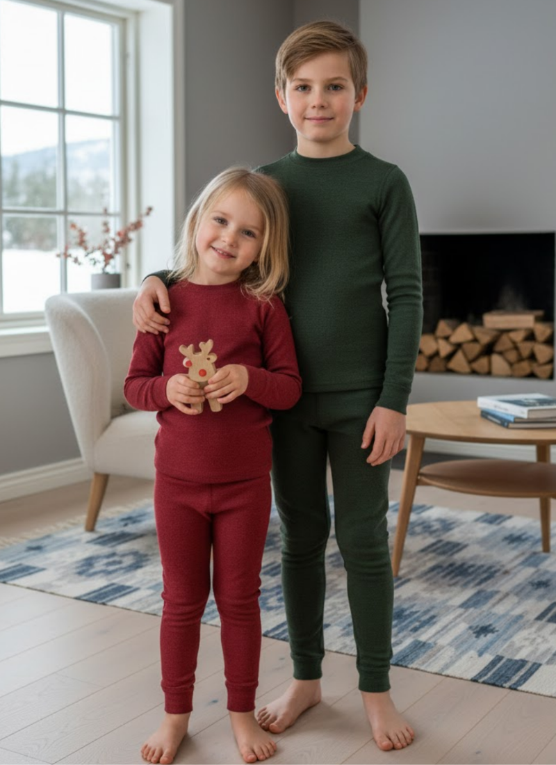A young boy and girl standing barefoot together in a cozy living room, smiling at the camera. The boy, wearing a dark green long-sleeved thermal set, has his arm around the girl's shoulder. The girl is wearing a burgundy long-sleeved thermal set and holding a small wooden reindeer toy. The background features a patterned rug, a wooden coffee table, a fireplace with stacked wood, and a window overlooking a snowy winter landscape.