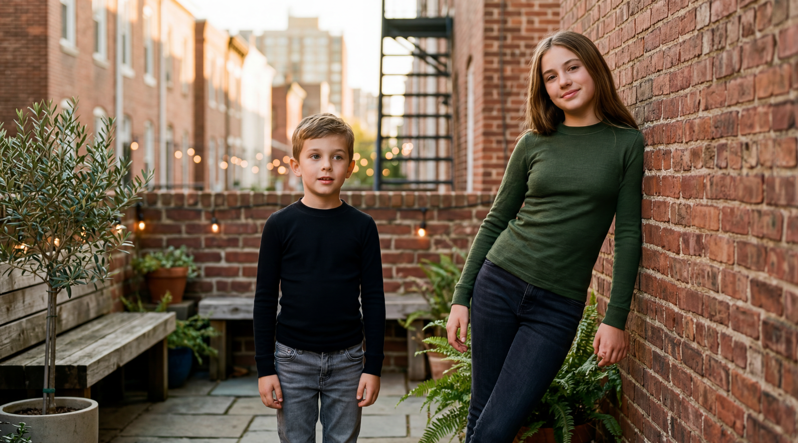 A young boy and a teenage girl standing in an outdoor brick courtyard. The boy is wearing a black long-sleeve shirt and grey jeans, while the girl is leaning against a brick wall wearing a dark green long-sleeve top and dark blue jeans.
