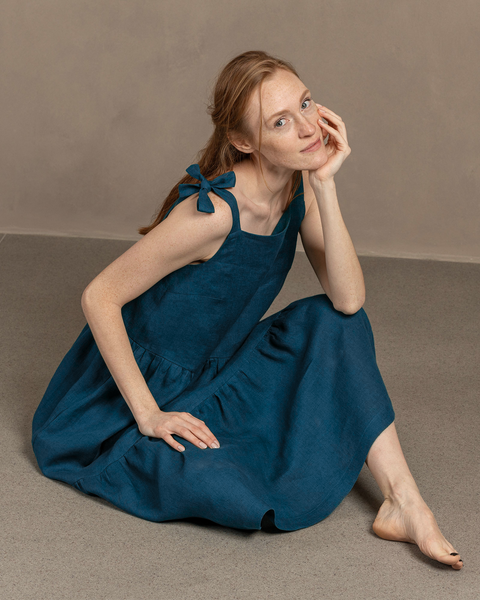 Linen Adjustable Strap Pinafore Dress Uma cobalt blue