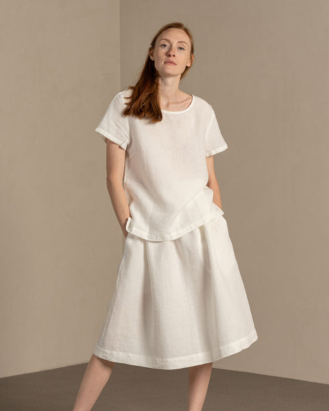 Linen Matching 2-Piece Set of Emma Blouse &amp; Sophia Skirt in pure white color