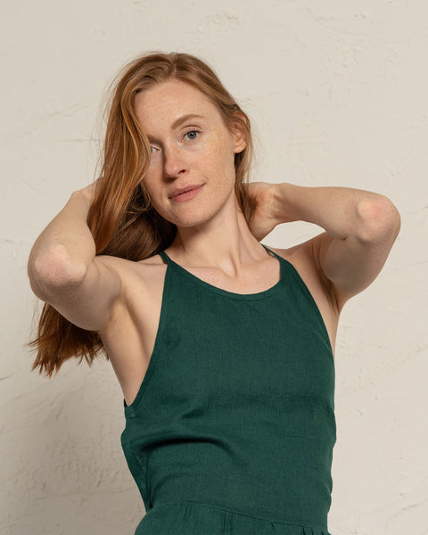 Linen Strap Back Dress Soleil dark green