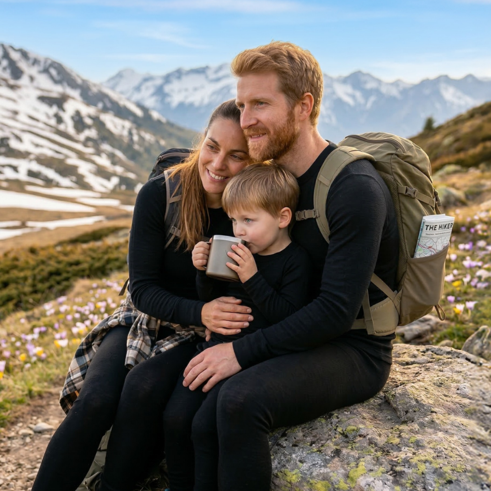 A family taking a break while hiking in snowy mountains, all outfitted in matching black base layers.