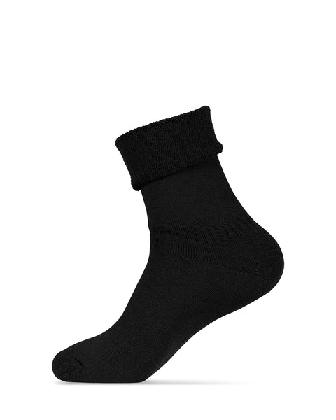The menique men's merino lined sherpa socks in color black, in a white background, with the sock cuffed from a side view.