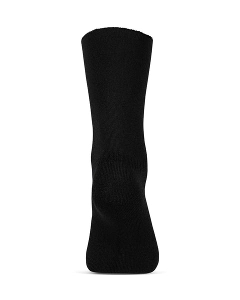 The menique men's merino lined sherpa socks in color black, in a white background, heel  view.