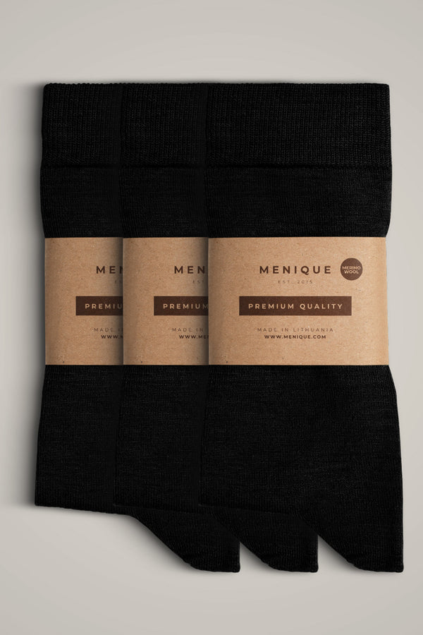 Men’s 3-pack thin Merino wool socks in black – premium quality, temperature-regulating, and sustainable.
