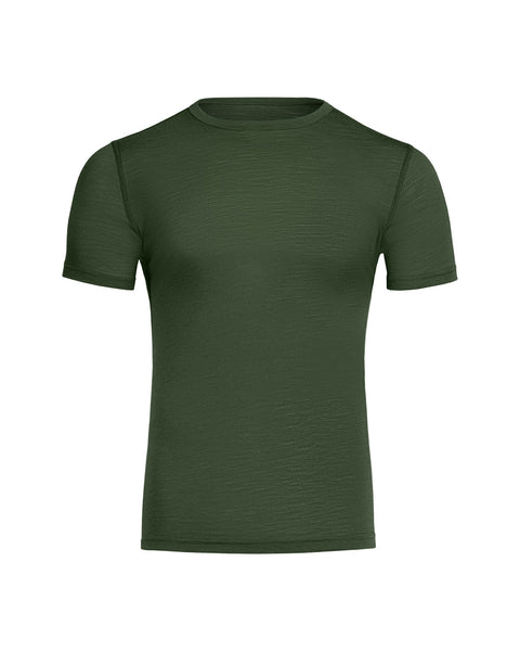 The Menique men's 160gsm short sleeve shirt in dark green color in a white background, front view.