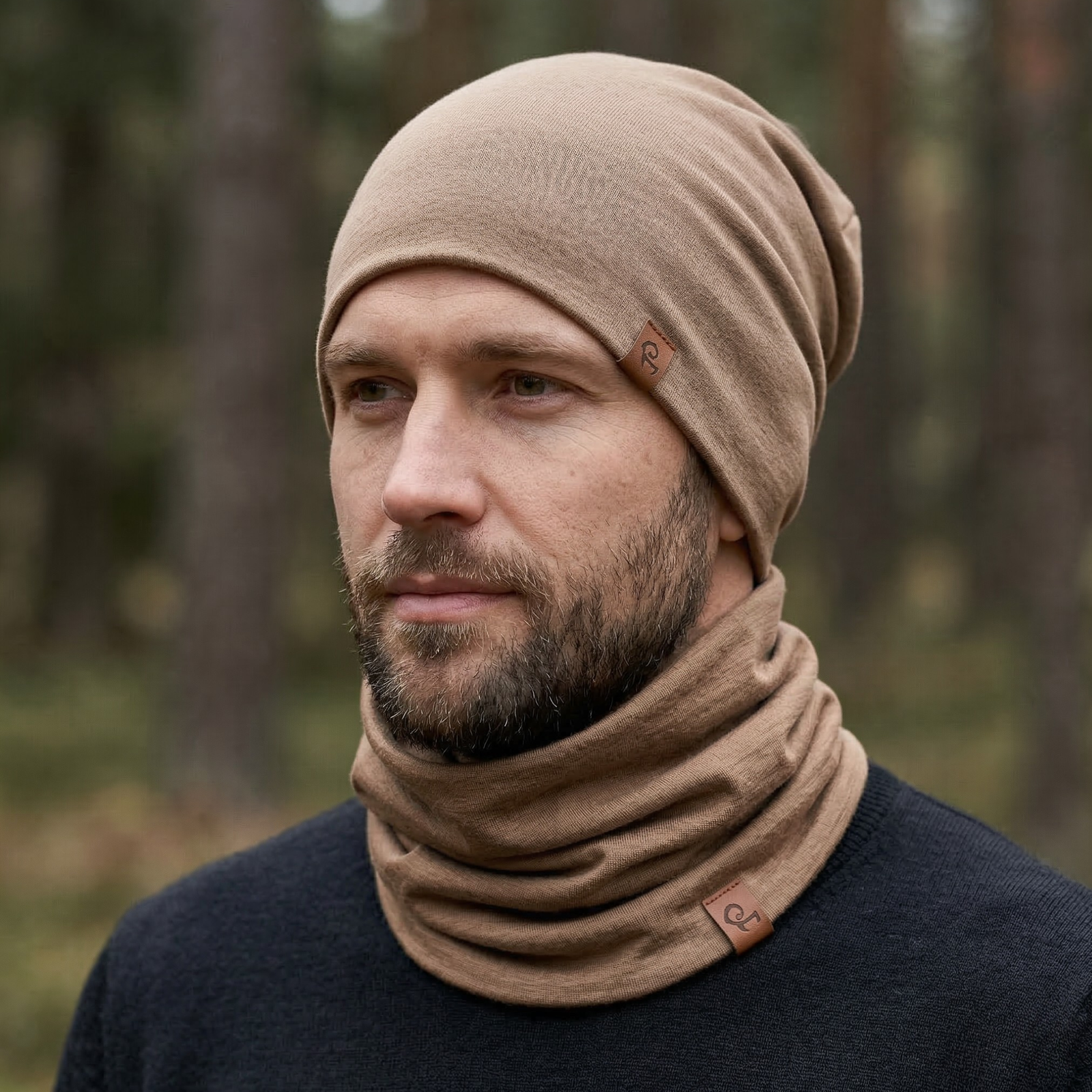 Beige merino wool neck gaiter, soft breathable merino wool neck warmer for toddlers and children designed for outdoor play, warmth, and comfortable cold weather protection.