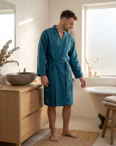 Man wearing cobalt blue linen bathrobe in a bright bathroom, lightweight breathable men’s linen robe with belt and pockets ideal for morning routines, spa comfort, and natural linen loungewear.