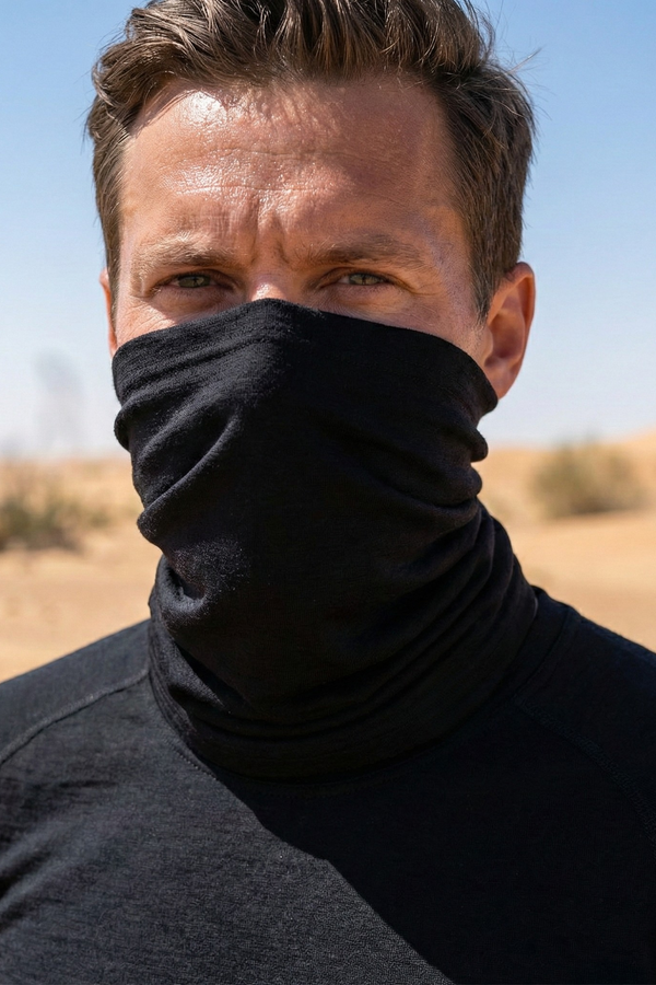 Man wearing black merino wool long neck gaiter outdoors, lightweight thermal face and neck cover for hiking and active use