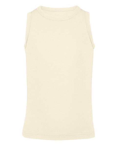 A product shot of a plain natural children's sleeveless tank top laid flat against a plain white background.