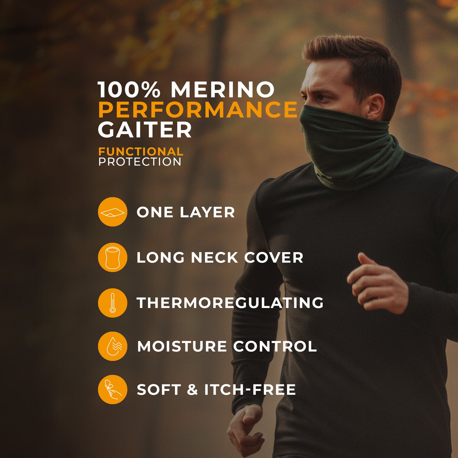 Man wearing black merino wool long neck gaiter outdoors, lightweight thermal face and neck cover for hiking and active use