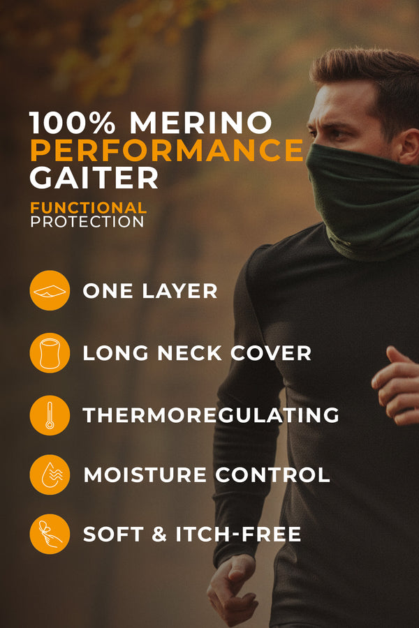 Person trägt eine Merino-Leistungsstulpe mit den links aufgeführten Merkmalen.