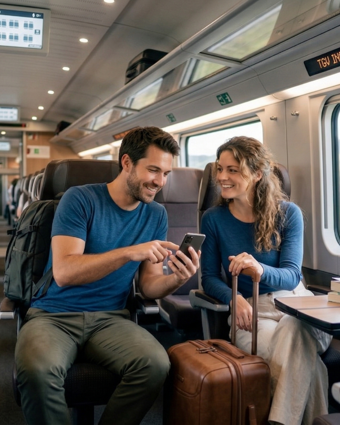 A smiling couple sitting together on a modern passenger train. The man, wearing a blue short-sleeved t-shirt and olive pants, is holding a smartphone and pointing at the screen. The woman, wearing a matching blue long-sleeved top and light linen pants, is looking at the phone and smiling. She rests one hand lightly on the handle of a brown leather rolling suitcase positioned between them. A green backpack is visible on the seat next to the man.